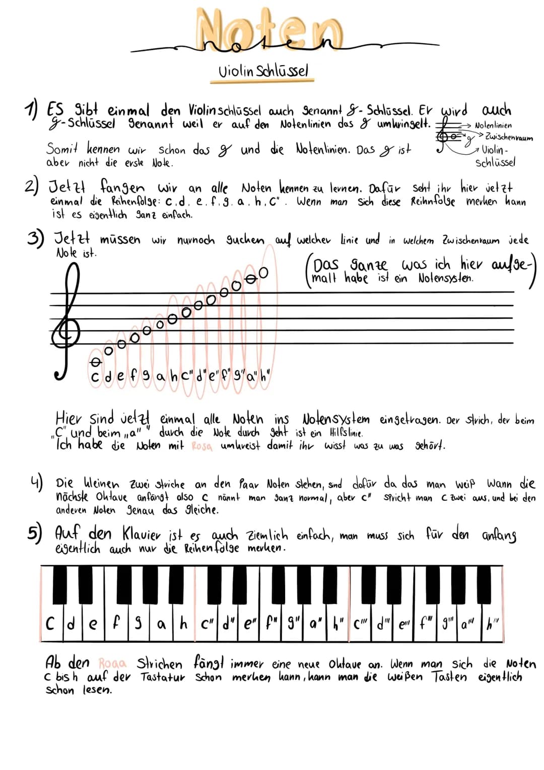 Noten
Violin Schlüssel
1) ES gibt einmal den Violin schlüssel auch Senannt &- Schlüssel. Er wird auch
g-Schlüssel genannt weil er auf den No