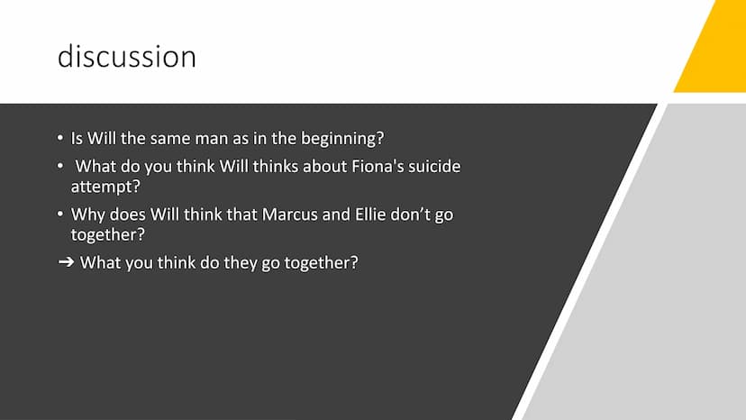 PUL
UP!
about a
J!
STICKY
badly drawn hou
About a Boy Chapter 28
Kurs: e_GK_2 overview
Summary
Quiz
V
discussion Summary
• So while Marcus i