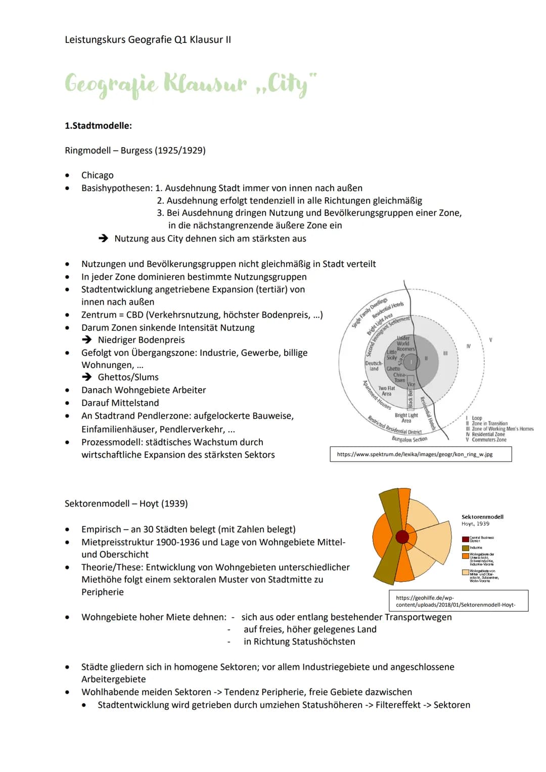Leistungskurs Geografie Q1 Klausur II
Geografie Klausut, City"
1.Stadtmodelle:
Ringmodell - Burgess (1925/1929)
●
●
Chicago
Basishypothesen: