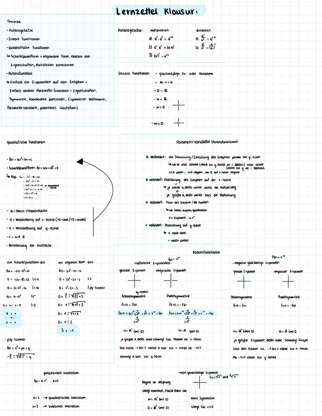 Themen.
-Potenzgesetze
-lineare Funktionen
-quadratische Funktionen
L Scheitelpunktform + allgemeine Form, Ablesen von
Eigenschaften, Nullst