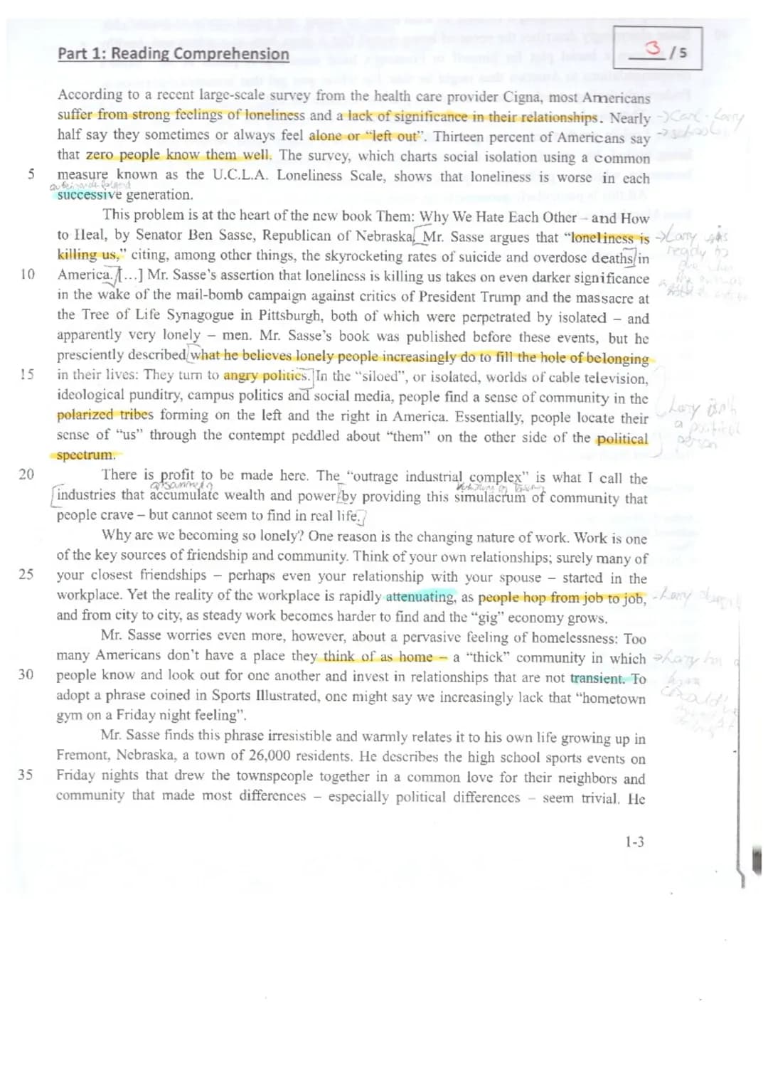 5
10
15
20
25
30
35
Part 1: Reading Comprehension
According to a recent large-scale survey from the health care provider Cigna, most America