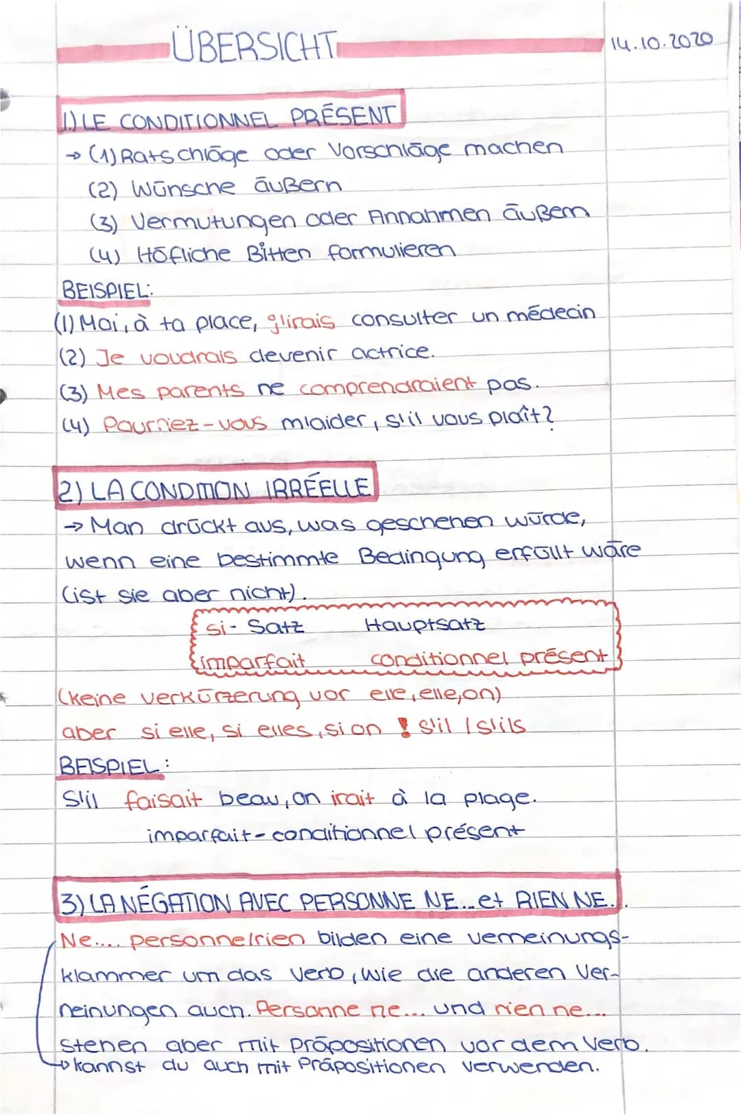 Condotionnel Présent, Condition irréelle/réelle, négation avec personne ne… rien ne