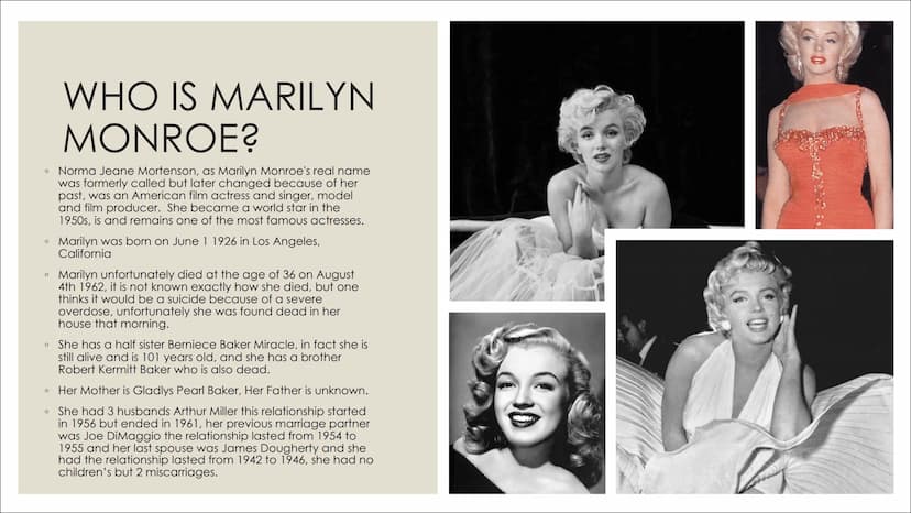 NE
빛
발 발
MARILYN MONROE
BY ENO
키키
브 WHO IS MARILYN
MONROE?
• Norma Jeane Mortenson, as Marilyn Monroe's real name
was formerly called but la