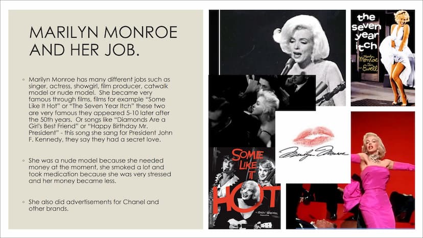 NE
빛
발 발
MARILYN MONROE
BY ENO
키키
브 WHO IS MARILYN
MONROE?
• Norma Jeane Mortenson, as Marilyn Monroe's real name
was formerly called but la