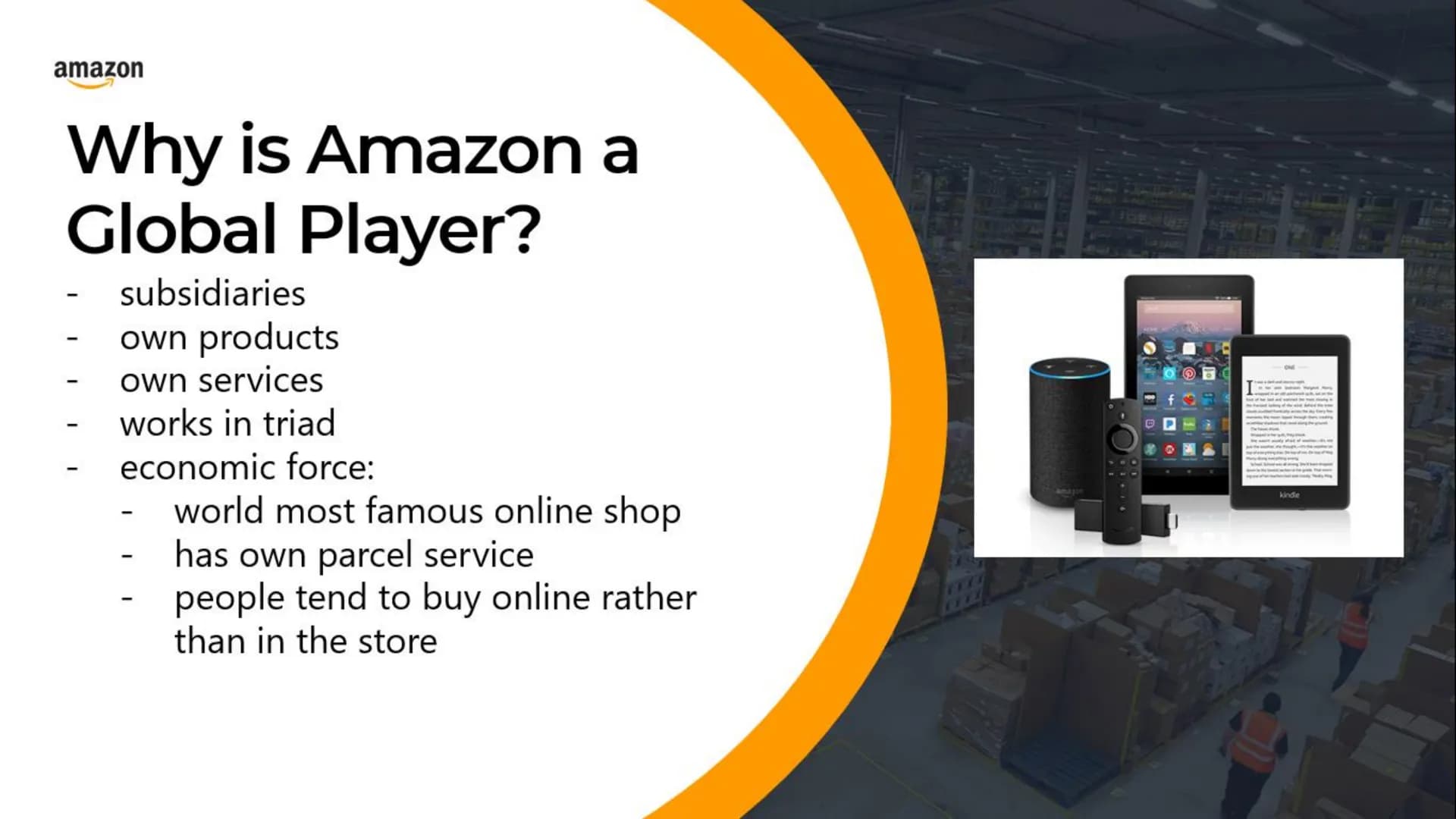 amazon
A Global Player?
Presentation by:
Date:
12.03.2020
amazon.com
FORMATION
MO
amazon.com
Class:
10a Structure:
1. General facts
2. Histo