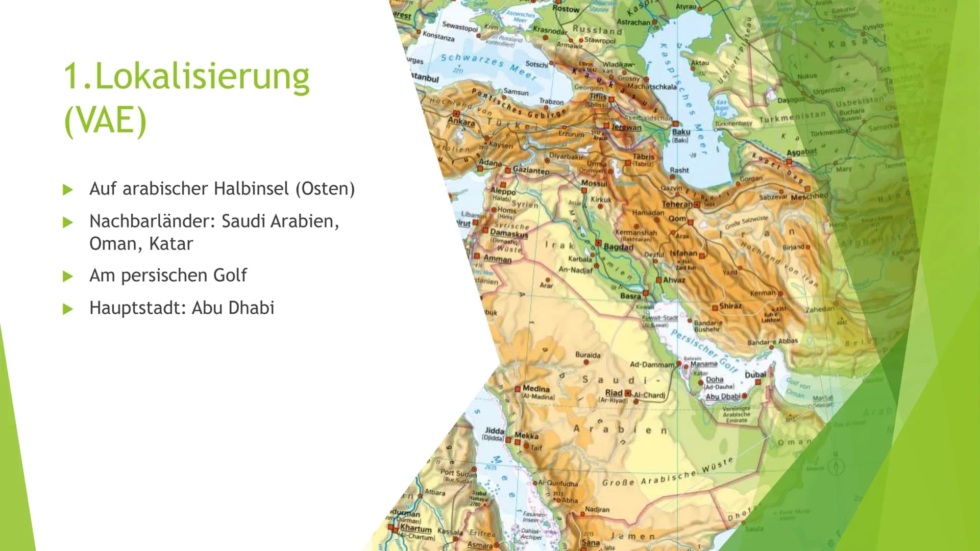 Masdar City Gliederung
Lokalisierung und grundlegende
Fakten
1.
2. Vergleich Abu Dhabi - Berlin
3. Herausforderungen in Abu Dhabi
4. Ziele v