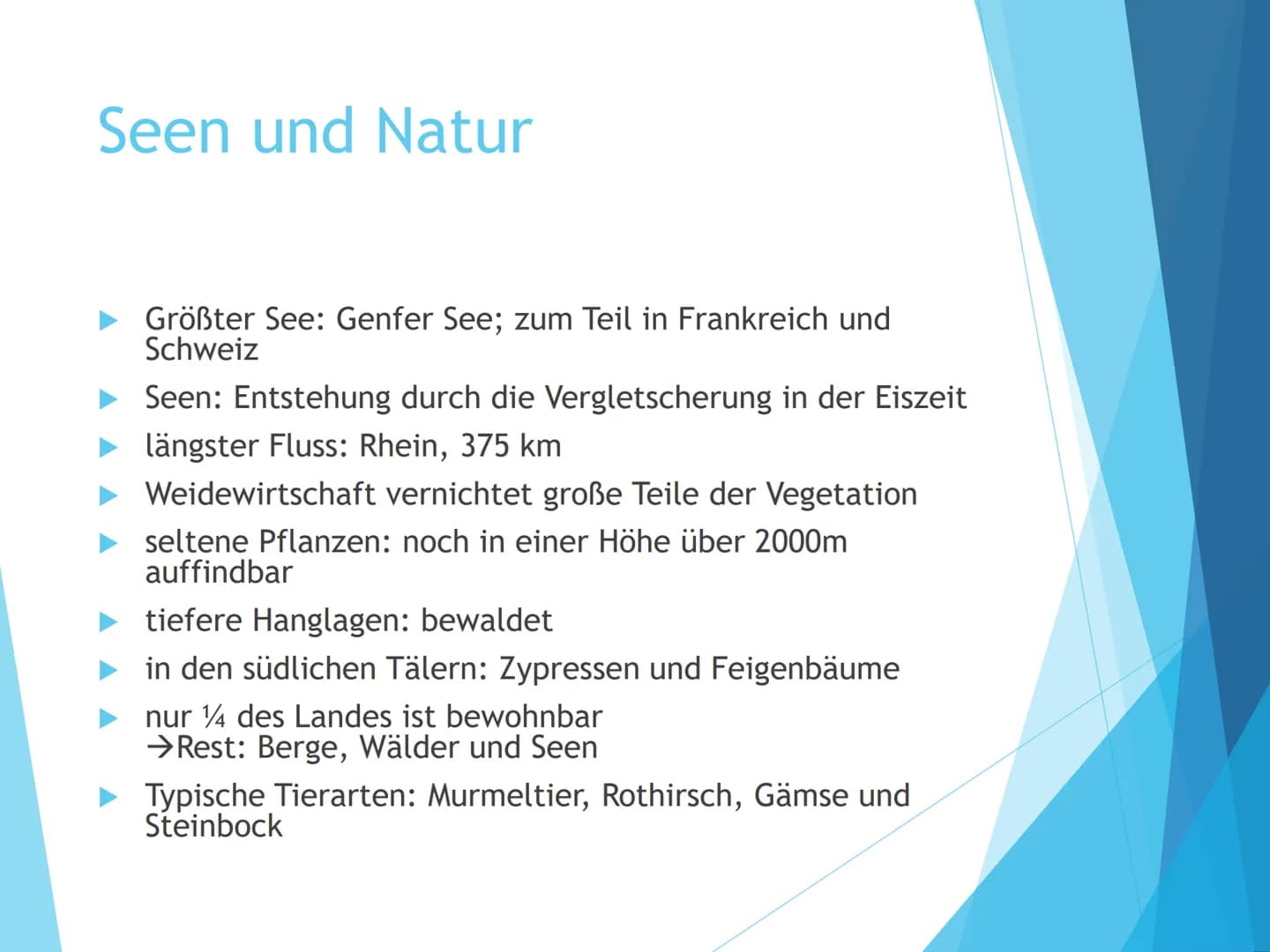 Ich erkläre euch jetzt etwas über die Schweiz aus geographischer Sicht.
Man sieht hier eine Karte der Schweiz.
Zur Lage: Die Schweiz grenzt 