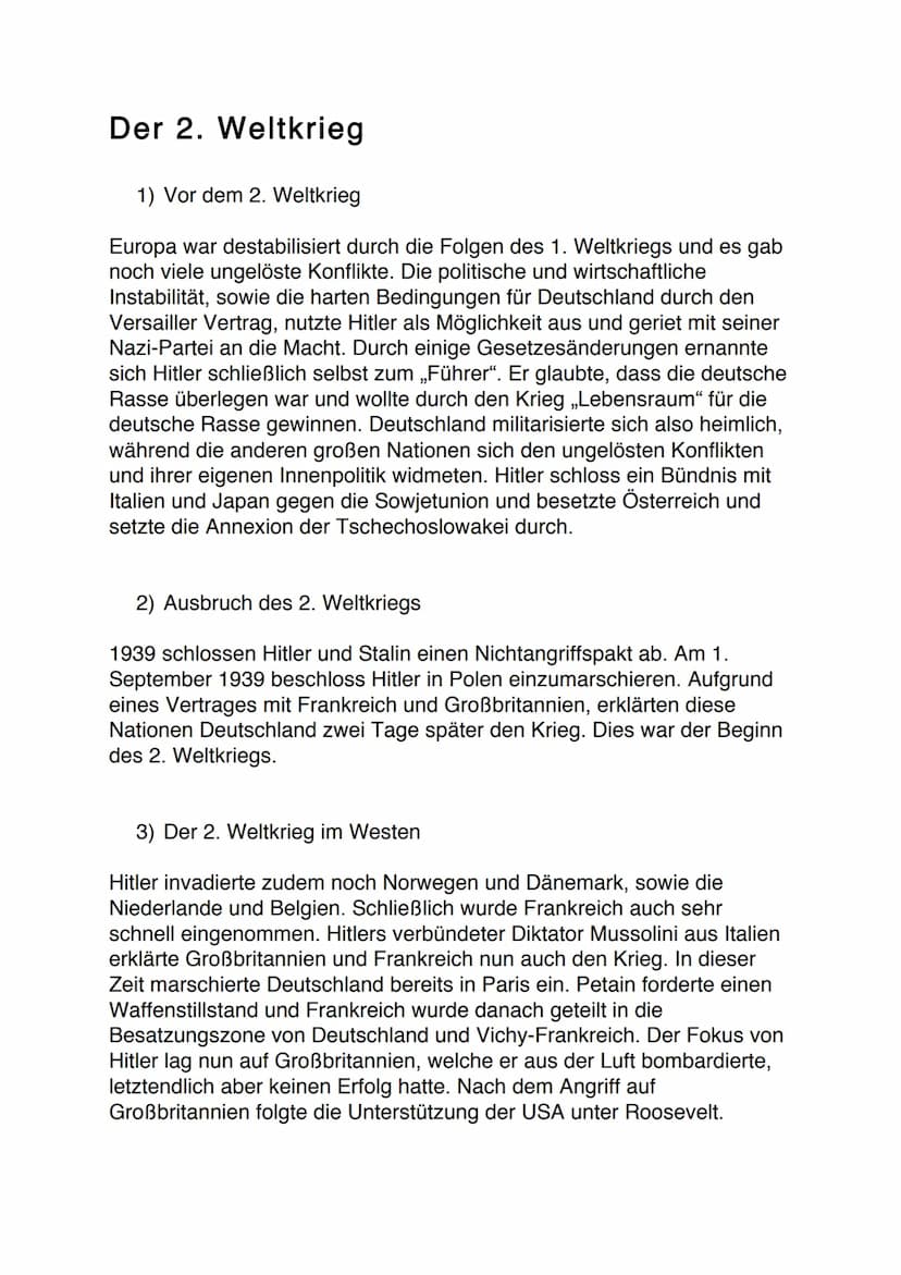 2. WELTKRIEG Der 2. Weltkrieg
1) Vor dem 2. Weltkrieg
Europa war destabilisiert durch die Folgen des 1. Weltkriegs und es gab
noch viele ung