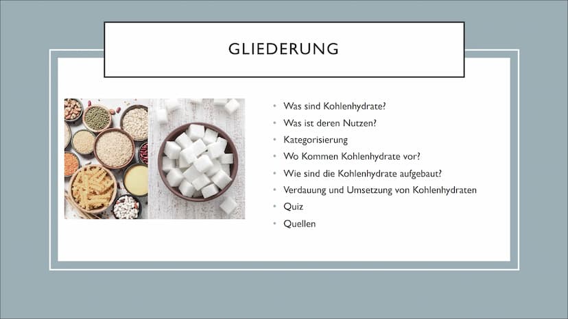 KOHLENHYDRATE Came
GLIEDERUNG
●
●
●
●
●
Was sind Kohlenhydrate?
Was ist deren Nutzen?
Kategorisierung
Wo Kommen Kohlenhydrate vor?
Wie sind 
