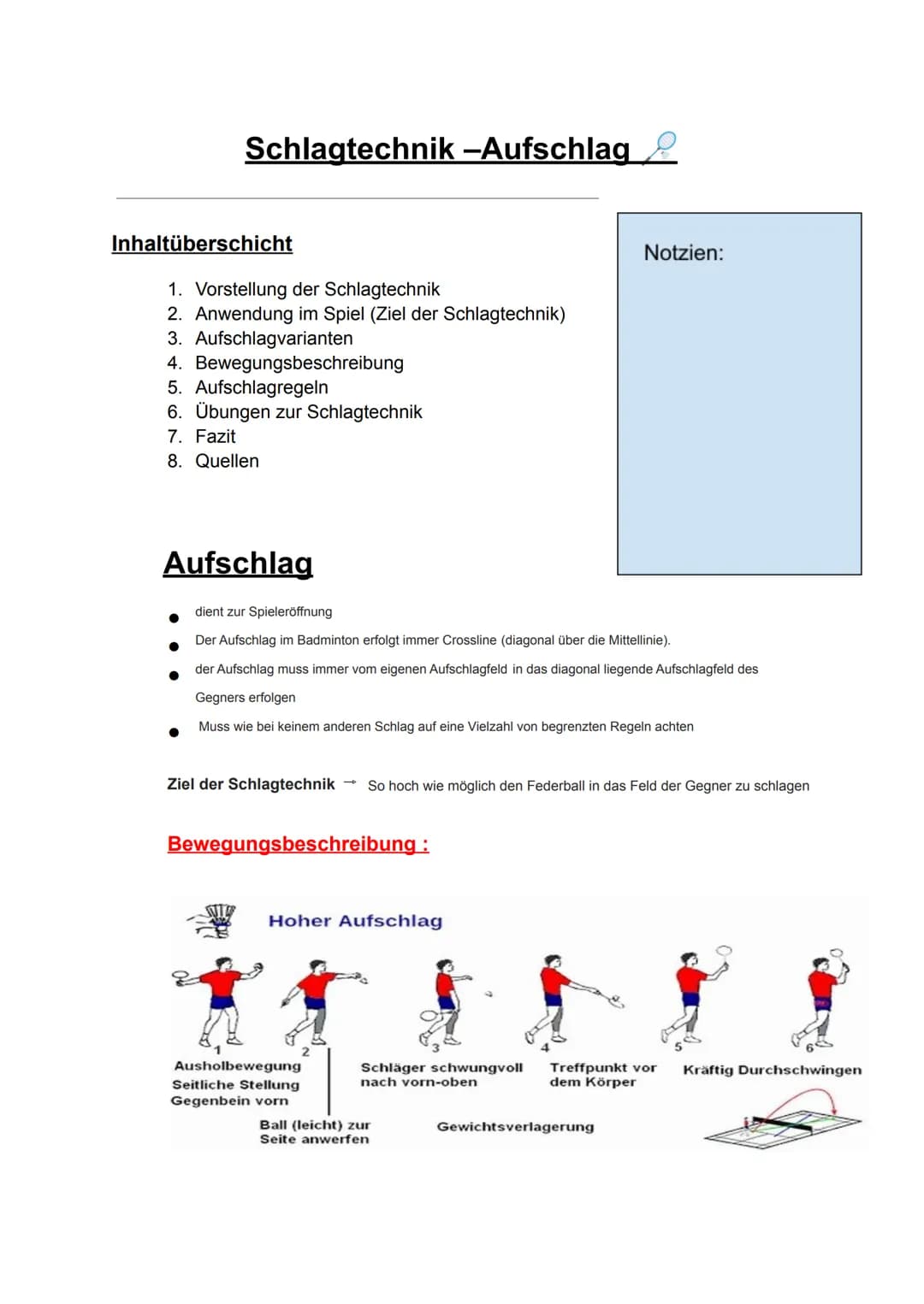 BADMINTON
AUFSCHLAG
BADMINTON
SPORT Schlagtechnik -Aufschlag
Inhaltüberschicht
1. Vorstellung der Schlagtechnik
2. Anwendung im Spiel (Ziel 