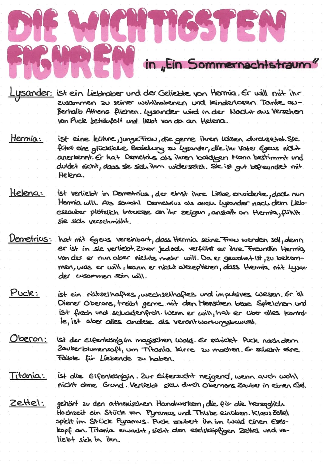 DIE WICHTIGSTEN
FIGUREN
in Ein Sommernachtstraum"
Lysander: ist ein Liebhaber und der Geliebte von Hermia. Er will mit ihr
zusammen zu seine