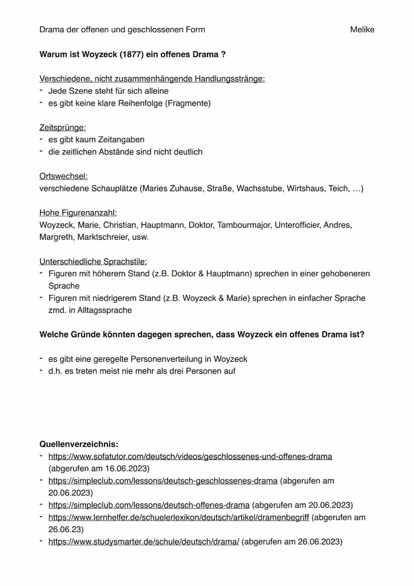 Drama der offenen und geschlossenen Form
Merkmale im Vergleich:
Geschlossenes Drama
Aufbau in 5 Akten
Lehre von den 3 Einheiten
Begrenzte Fi