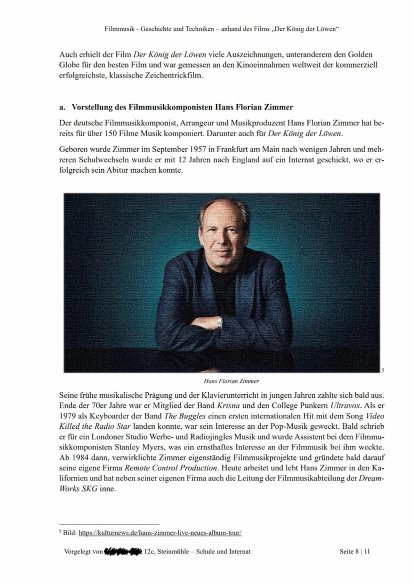 Filmmusik
-Geschichte und Techniken-
aufgezeigt anhand
,,Der König der Löwen" Filmmusik - Geschichte und Techniken - anhand des Films ,,Der 