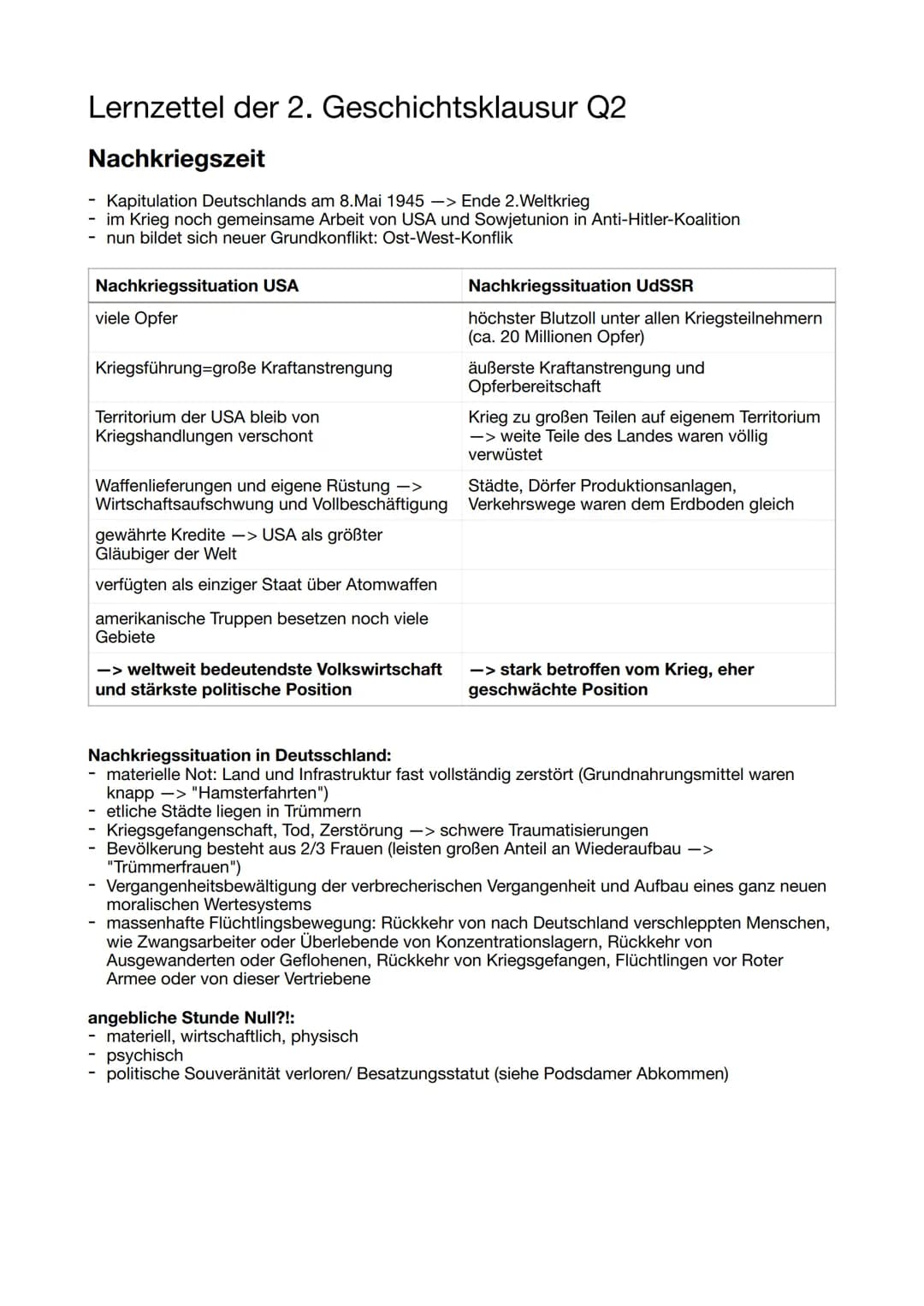 Lernzettel der 2. Geschichtsklausur Q2
Nachkriegszeit
Kapitulation Deutschlands am 8.Mai 1945 -> Ende 2. Weltkrieg
- im Krieg noch gemeinsam