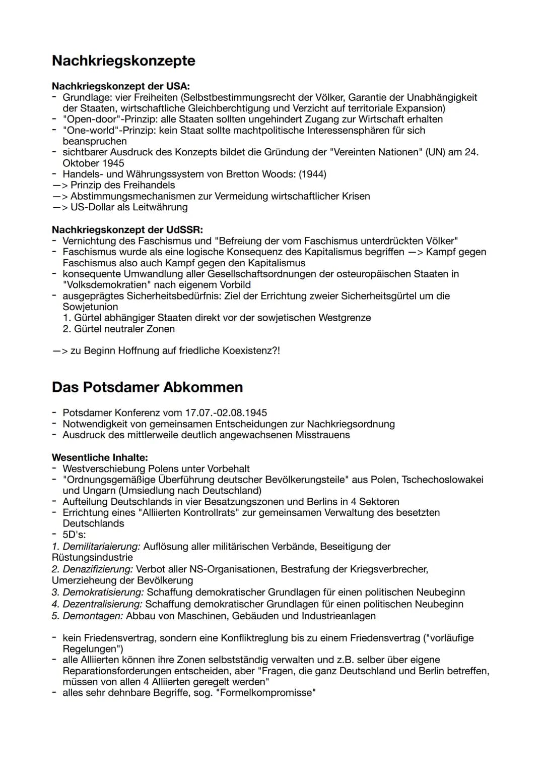 Lernzettel der 2. Geschichtsklausur Q2
Nachkriegszeit
Kapitulation Deutschlands am 8.Mai 1945 -> Ende 2. Weltkrieg
- im Krieg noch gemeinsam