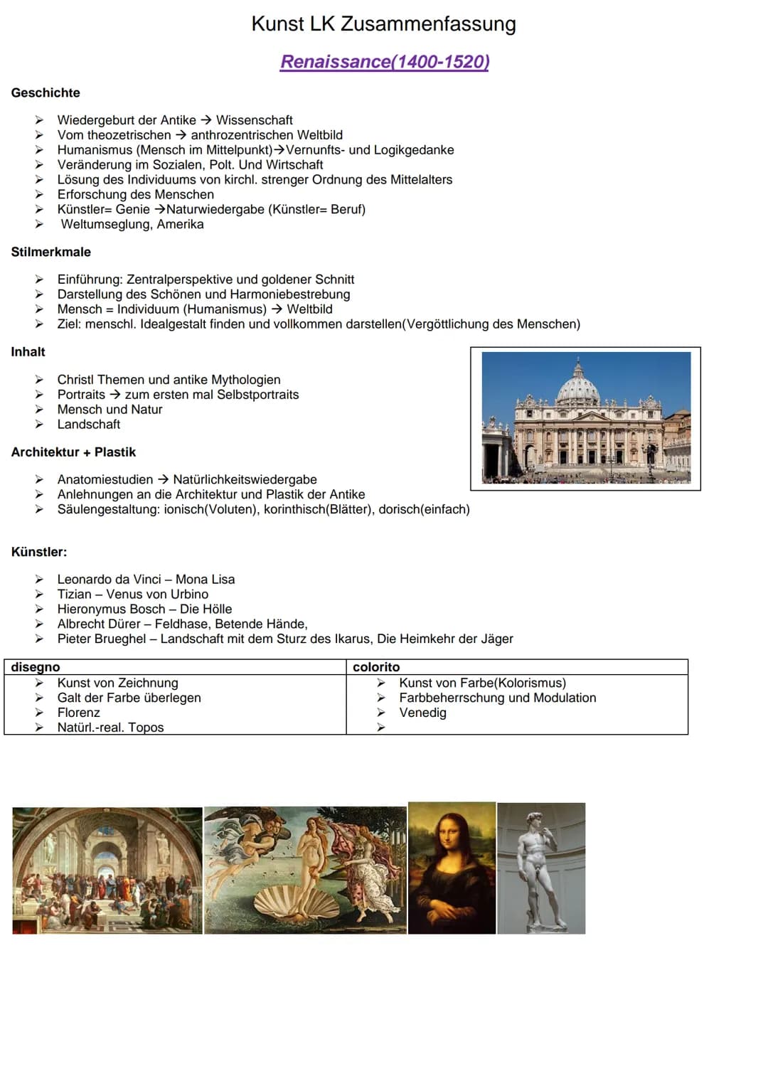 Geschichte
> Wiedergeburt der Antike → Wissenschaft
Vom theozetrischen → anthrozentrischen Weltbild
Inhalt
Kunst LK Zusammenfassung
Humanism