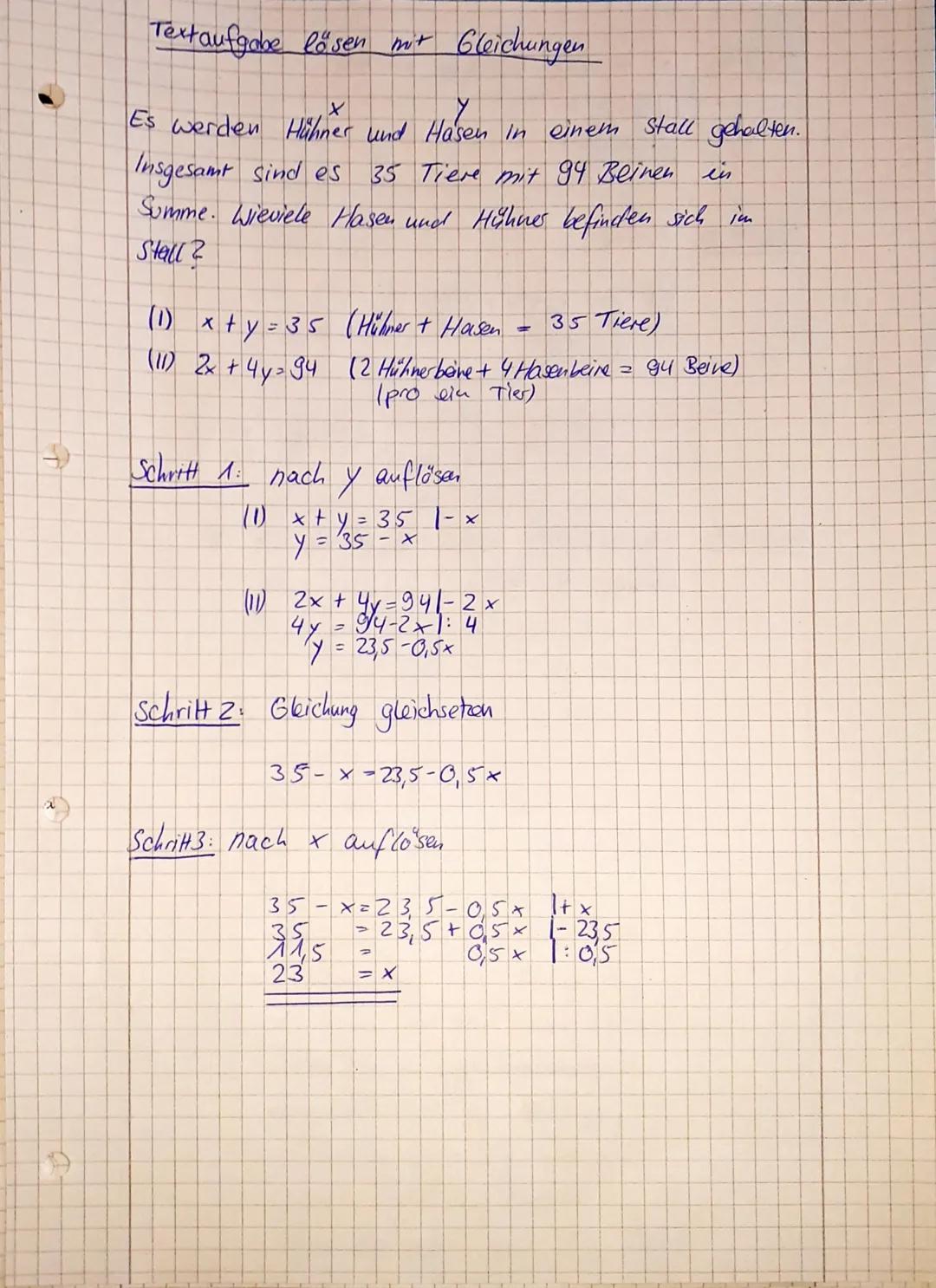 # Textaufgabe lösen mit Gleichungen

Y
Es werden Hühner und Hasen in einem Stall gehalten.
Insgesamt sind es 35 Tiere mit 94 Beinen iis
Summ