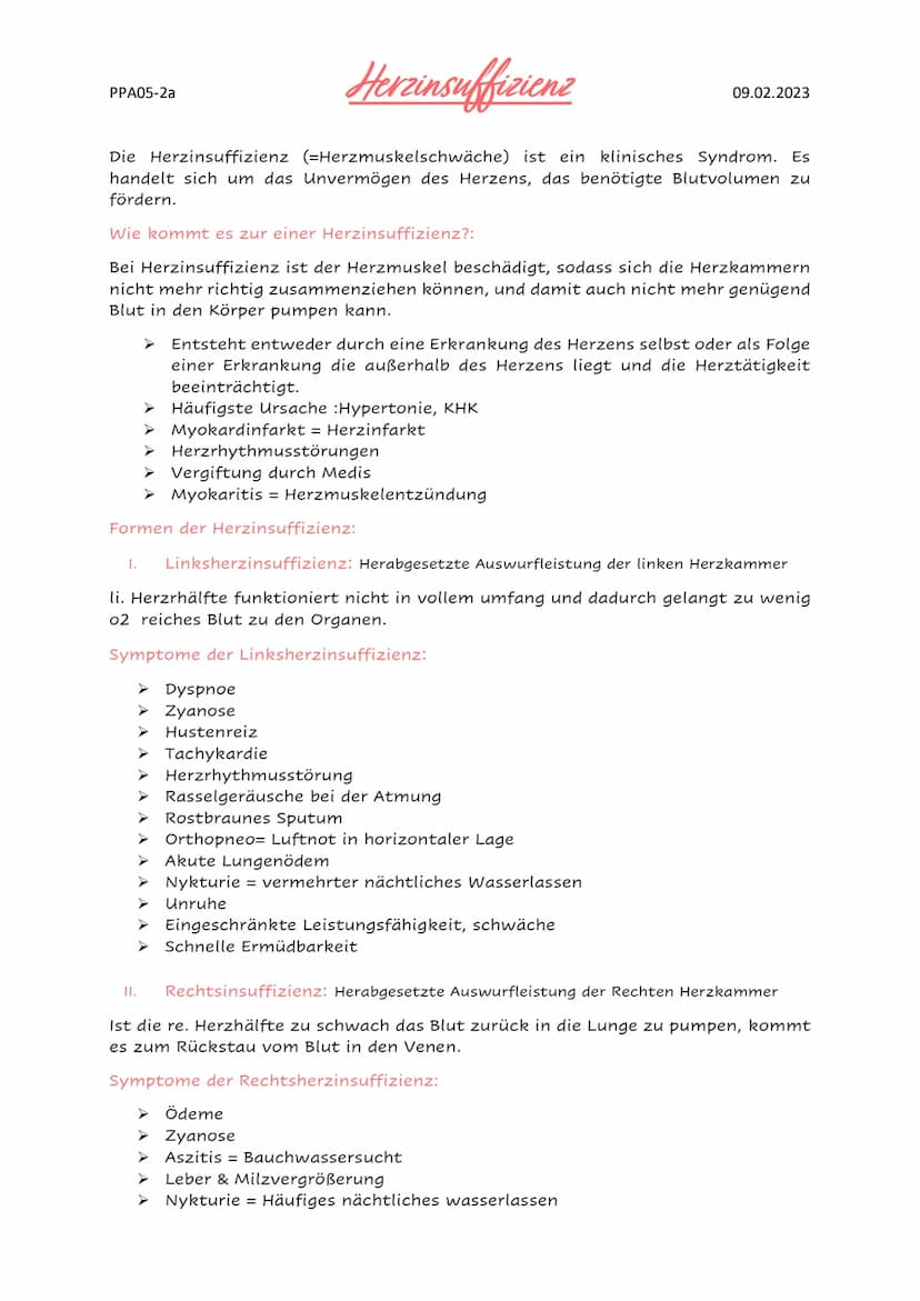 Herzinsuffizienz
Die Herzinsuffizienz (=Herzmuskelschwäche) ist ein klinisches Syndrom. Es
handelt sich um das Unvermögen des Herzens, das b
