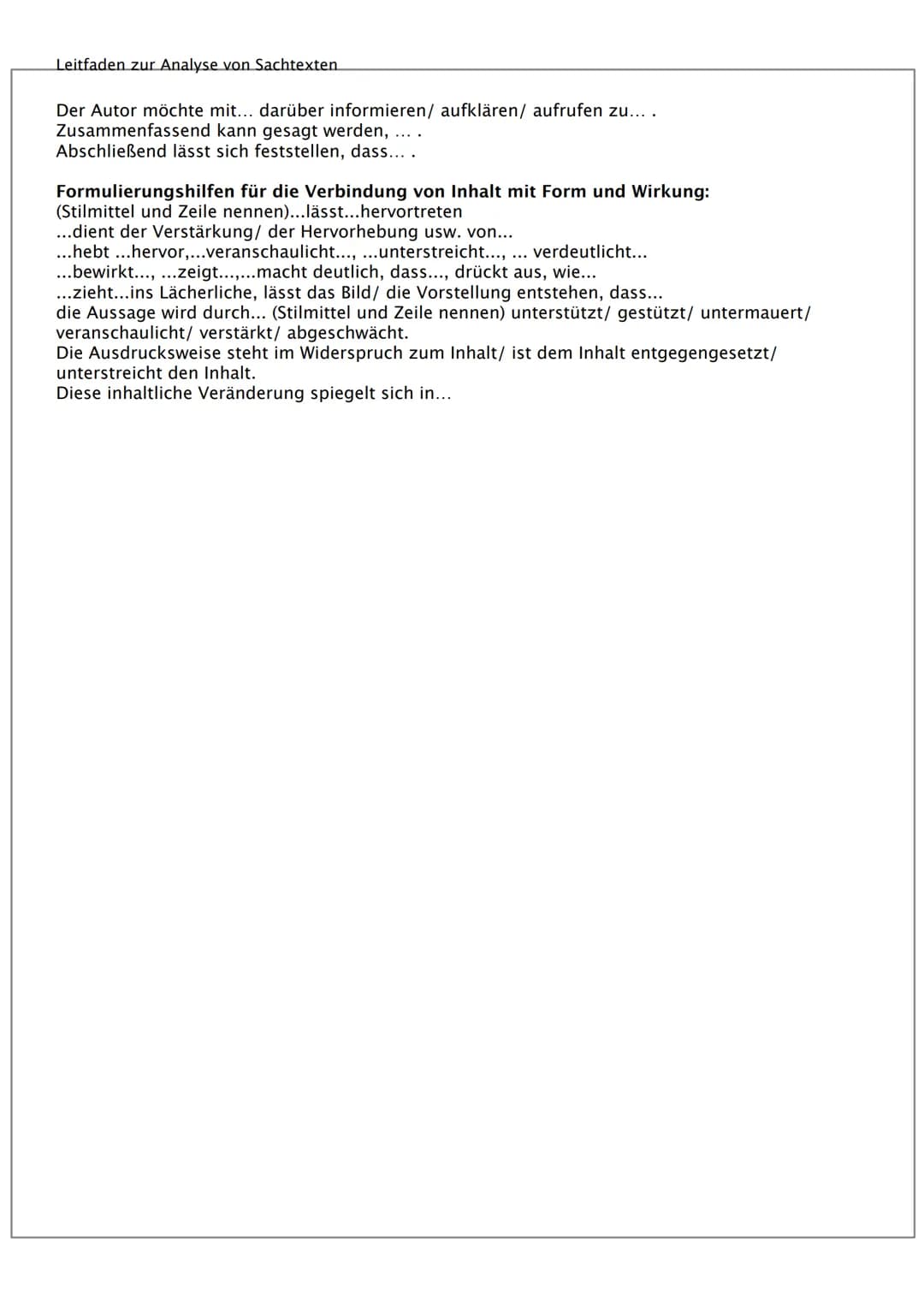 Leitfaden zur Analyse von Sachtexten
1. Einleitung
Titel, Autor, Textsorte (z.B. Bericht, Reportage, Kommentar, Interview, Wissenschaftliche