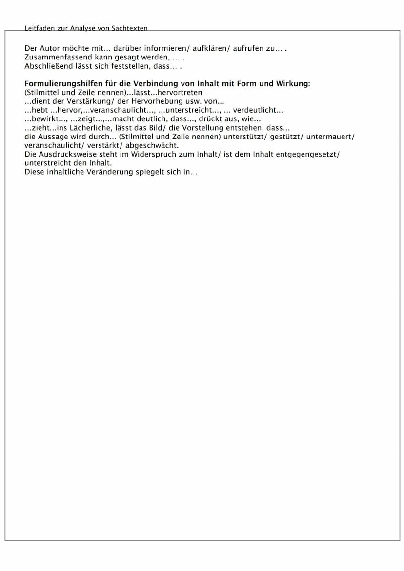 Leitfaden zur Analyse von Sachtexten
1. Einleitung
Titel, Autor, Textsorte (z.B. Bericht, Reportage, Kommentar, Interview, Wissenschaftliche