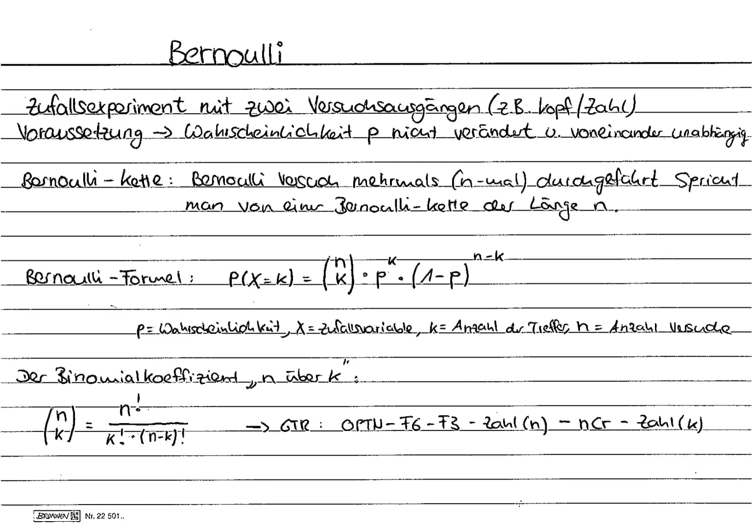 Bernoulli
Zufallsexperiment mit zwei Versuchsausgängen (z.B... kopf / Zahl).
Voraussetzung -> Wahrscheinlichkeit p nicht verändert u. vonein