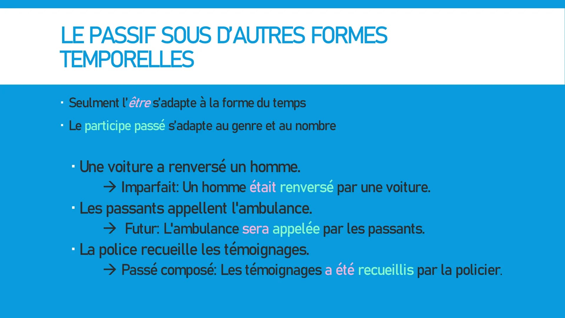 PASSIF / VOIX PASSIVE Qu'est-ce que la voix passive ?
La signification dans le passif est la même que dans l'actif
MAIS: L'accent est sur qu