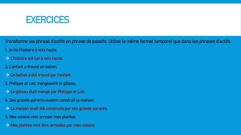 PASSIF / VOIX PASSIVE Qu'est-ce que la voix passive ?
La signification dans le passif est la même que dans l'actif
MAIS: L'accent est sur qu