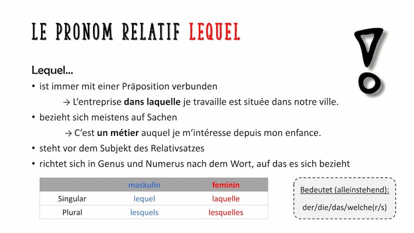  I. Révision: Die Relativpronomen qui - que- où - ce qui - ce que
qui
Subjekt des Relativsatzes
Wer oder Was?
que
Wen oder Was?
direktes Obj