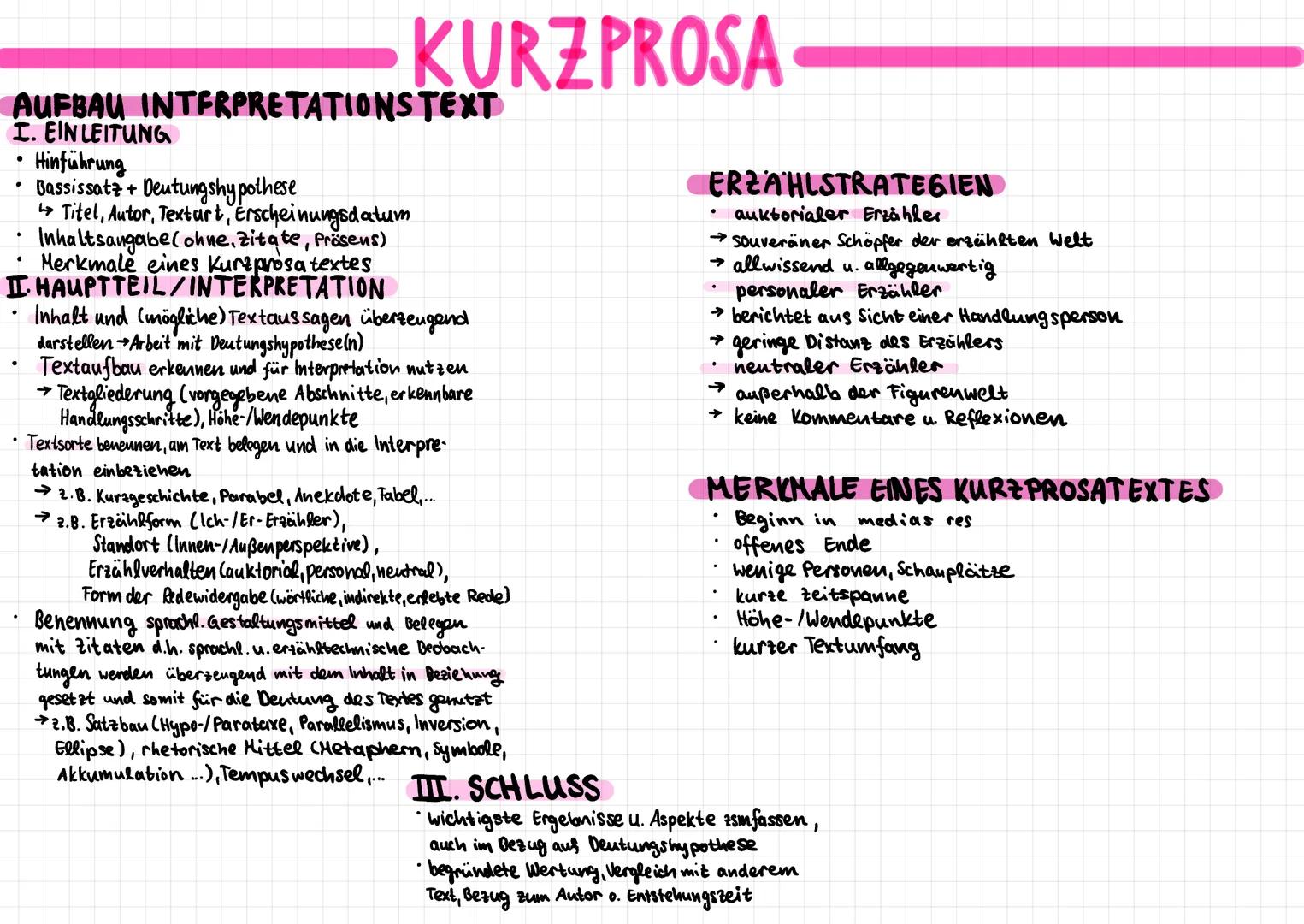 AUFBAU INTERPRETATIONSTEXT
I. EINLEITUNG
●
I HAUPTTEIL/INTERPRETATION
✔
KURZPROSA
.
Hinführung
Bassissatz + Deutungshypothese
Titel, Autor, 