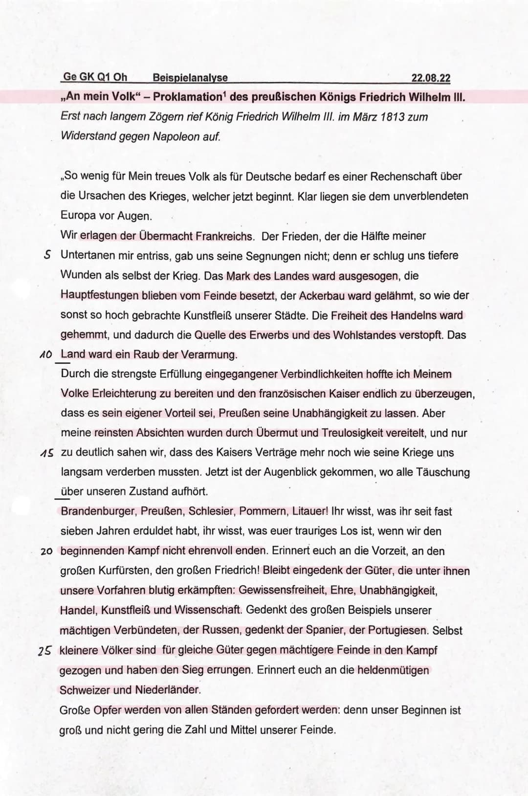 Ge GK Q1 Oh
Beispielanalyse
22.08.22
,,An mein Volk" - Proklamation¹ des preußischen Königs Friedrich Wilhelm III.
Erst nach langem Zögern r