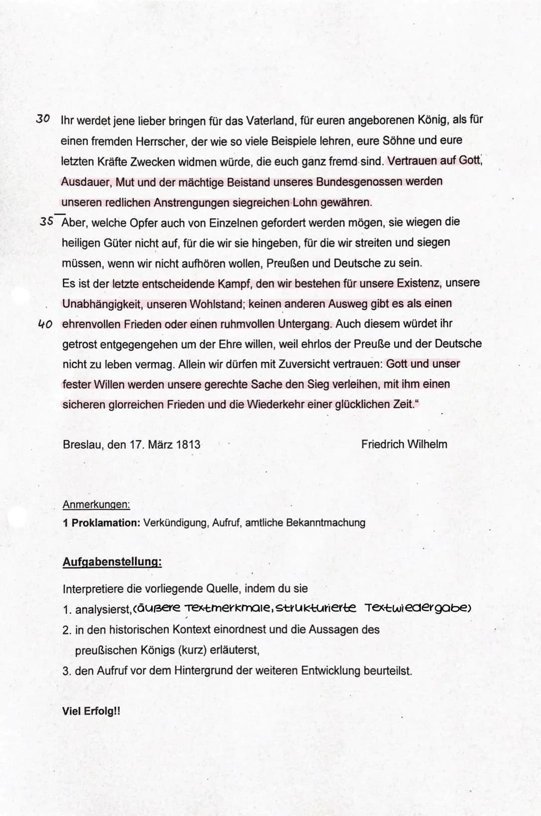 Ge GK Q1 Oh
Beispielanalyse
22.08.22
,,An mein Volk" - Proklamation¹ des preußischen Königs Friedrich Wilhelm III.
Erst nach langem Zögern r