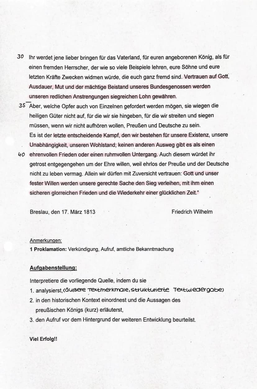 Ge GK Q1 Oh
Beispielanalyse
22.08.22
,,An mein Volk" - Proklamation¹ des preußischen Königs Friedrich Wilhelm III.
Erst nach langem Zögern r