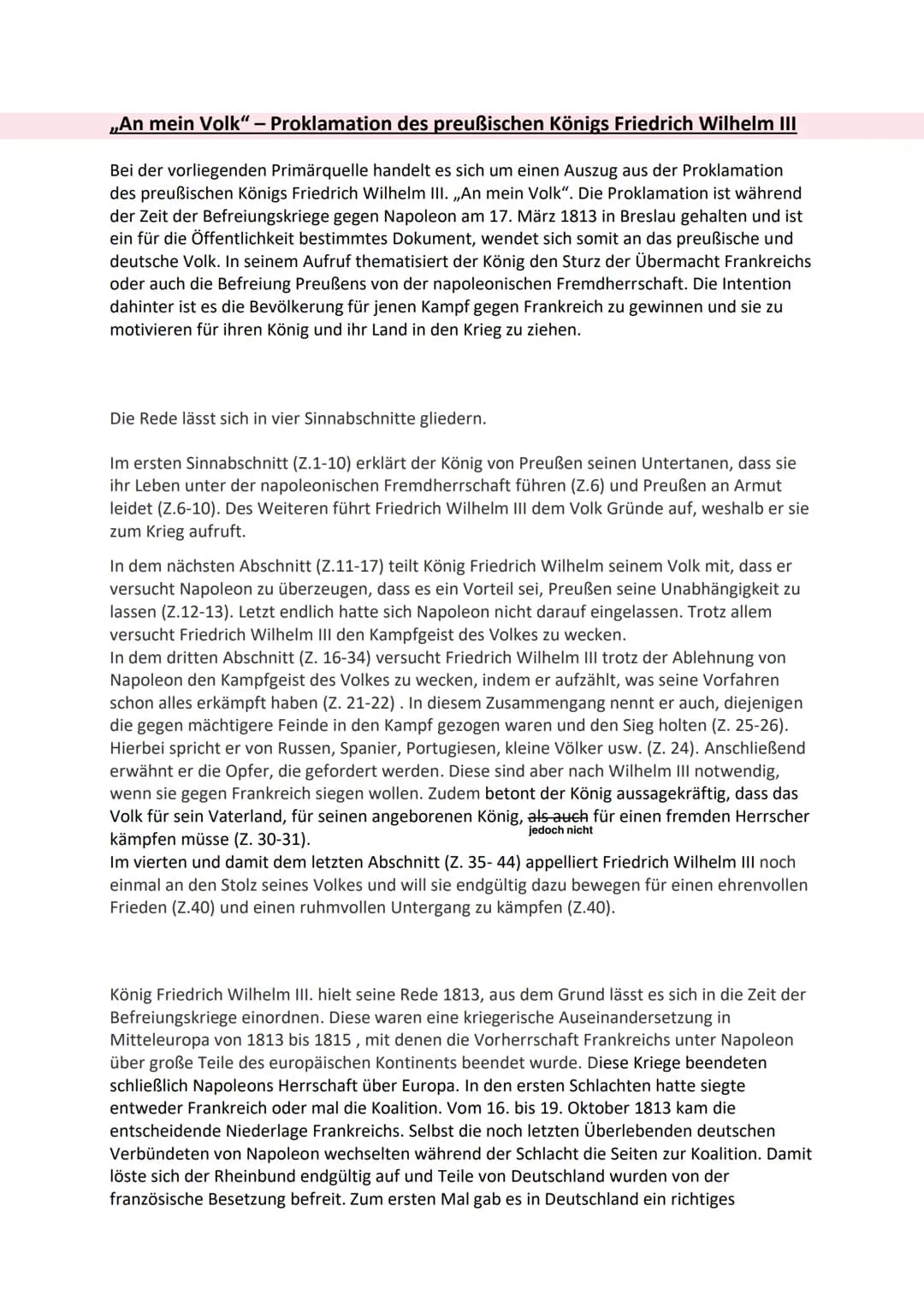 Ge GK Q1 Oh
Beispielanalyse
22.08.22
,,An mein Volk" - Proklamation¹ des preußischen Königs Friedrich Wilhelm III.
Erst nach langem Zögern r