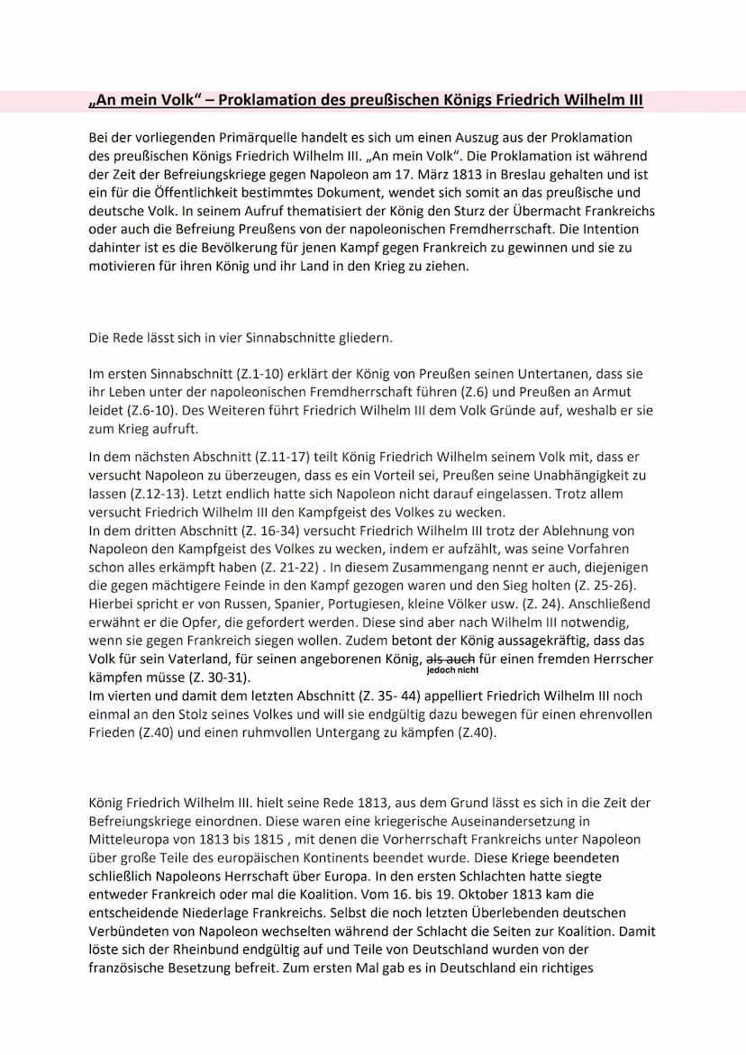 Ge GK Q1 Oh
Beispielanalyse
22.08.22
,,An mein Volk" - Proklamation¹ des preußischen Königs Friedrich Wilhelm III.
Erst nach langem Zögern r