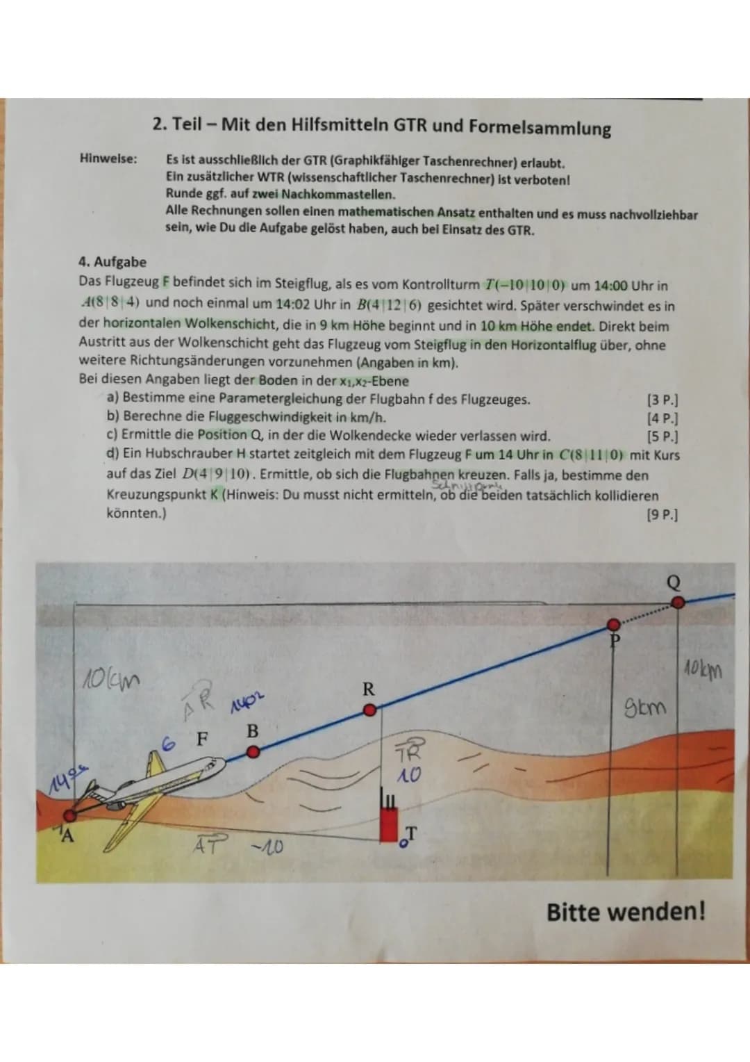 5. Aufgabe
Eine antike Pyramide hat die Ecken 4(100|0|0), B(100 100|0). C(0|100 | 0) und D(0 0 0) und
die Spitze S(50|50|100). Aus der Seite