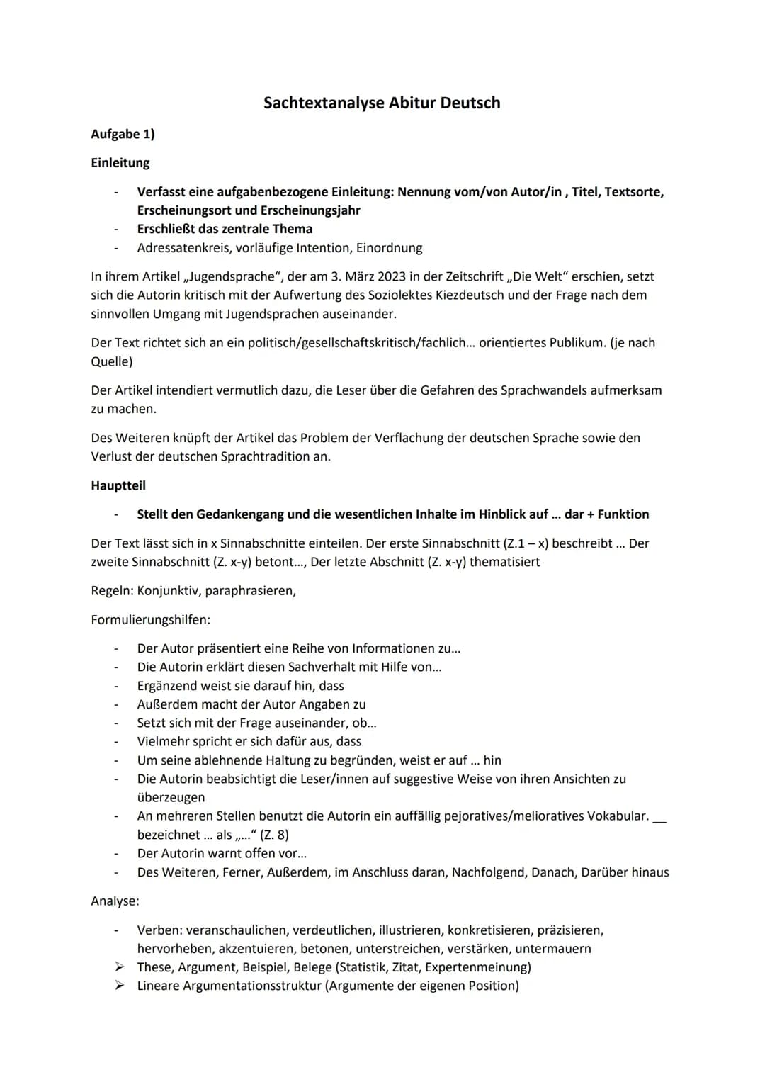 Formulierungshilfen und Beispiele für Sachtextanalyse - PDF, Abitur, Klasse 10