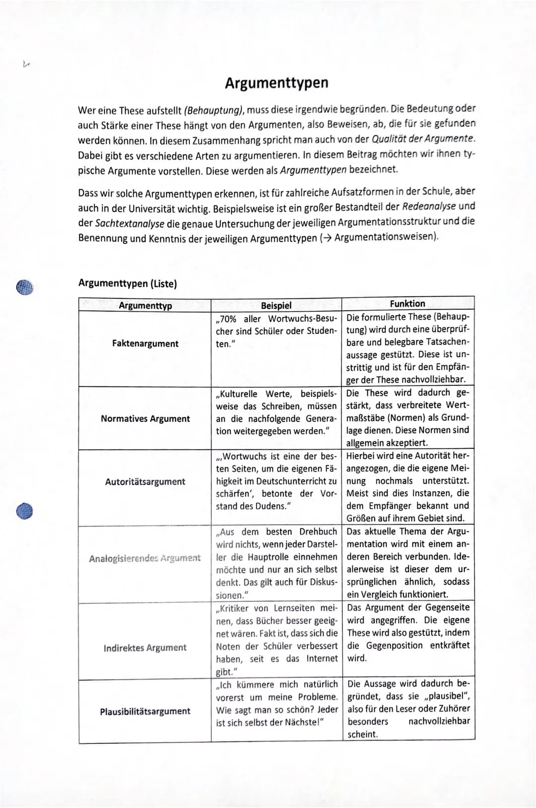 Argumenttypen
Wer eine These aufstellt (Behauptung), muss diese irgendwie begründen. Die Bedeutung oder
auch Stärke einer These hängt von de