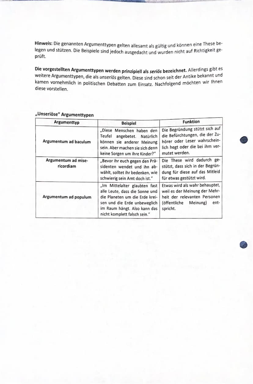 Argumenttypen
Wer eine These aufstellt (Behauptung), muss diese irgendwie begründen. Die Bedeutung oder
auch Stärke einer These hängt von de