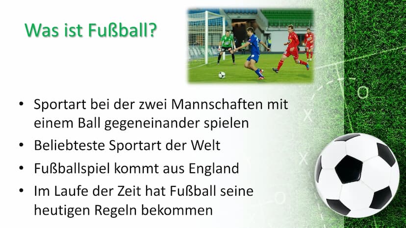 Fußball
on X
0
0 Gliederung
1.
Was ist Fußball?
2. Wie geht das Spiel?
3.
A.
5.
Ursprung
Regeln
Das Spielfeld
Fußballstadien
6.
7. Bekannte 