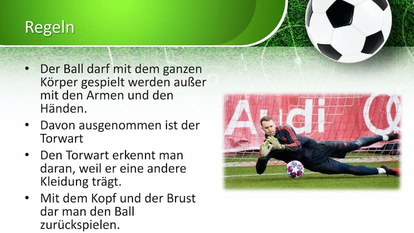 Fußball
on X
0
0 Gliederung
1.
Was ist Fußball?
2. Wie geht das Spiel?
3.
A.
5.
Ursprung
Regeln
Das Spielfeld
Fußballstadien
6.
7. Bekannte 