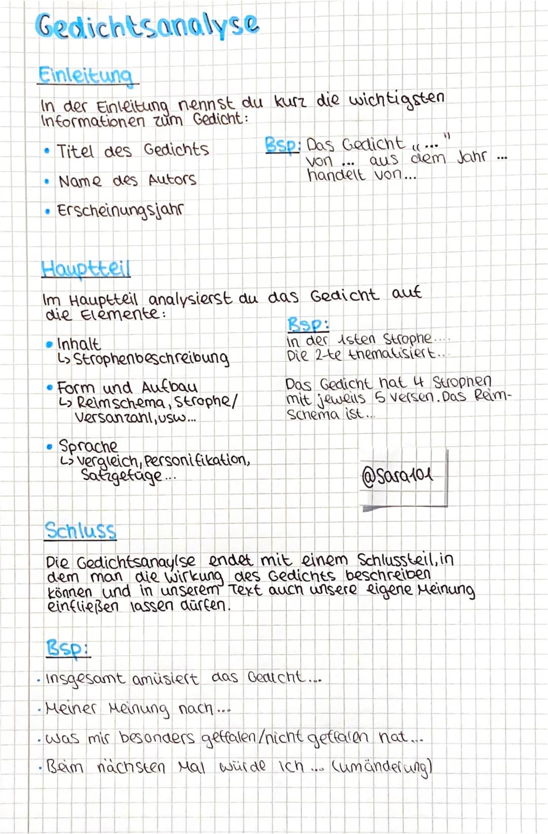 Gedichtsanalyse
Einleitung
In der Einleitung nennst du kurz die wichtigsten
Informationen zum Gedicht:
Titel des Gedichts
•Name des Autors.
