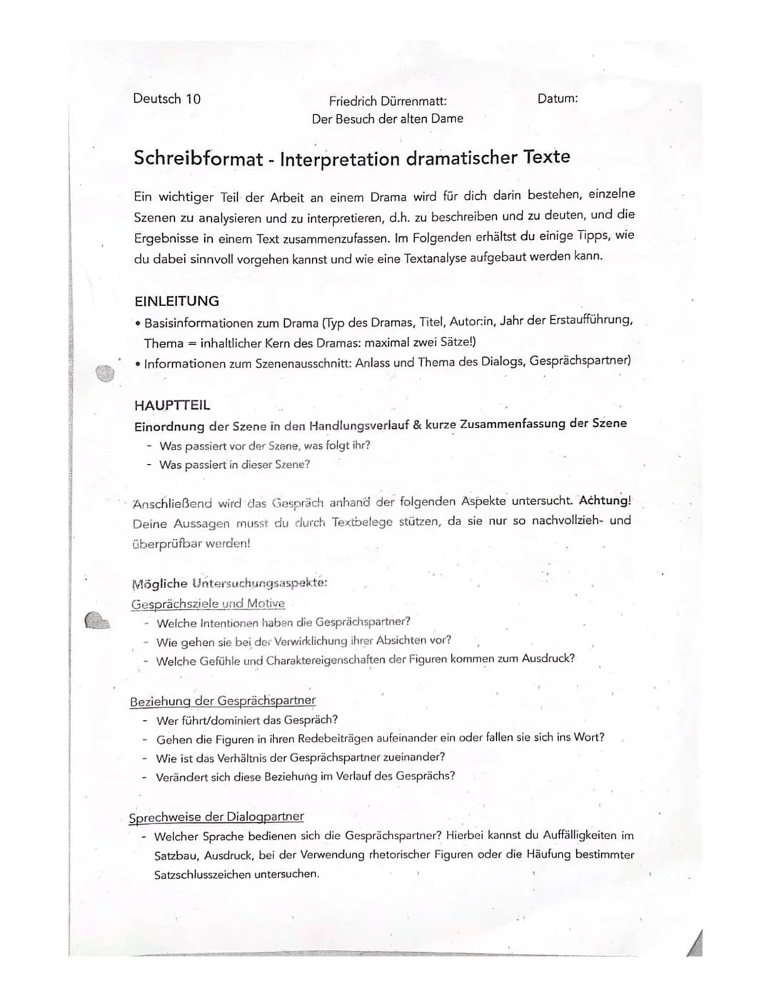 Deutsch Kl. 10
Einleitung
Aufbau einer Dramenszenenanalyse
Interpretation einer Dramenszene
o Typ des Dramas
O
Autor:in
O
Titel
O
Jahr der E