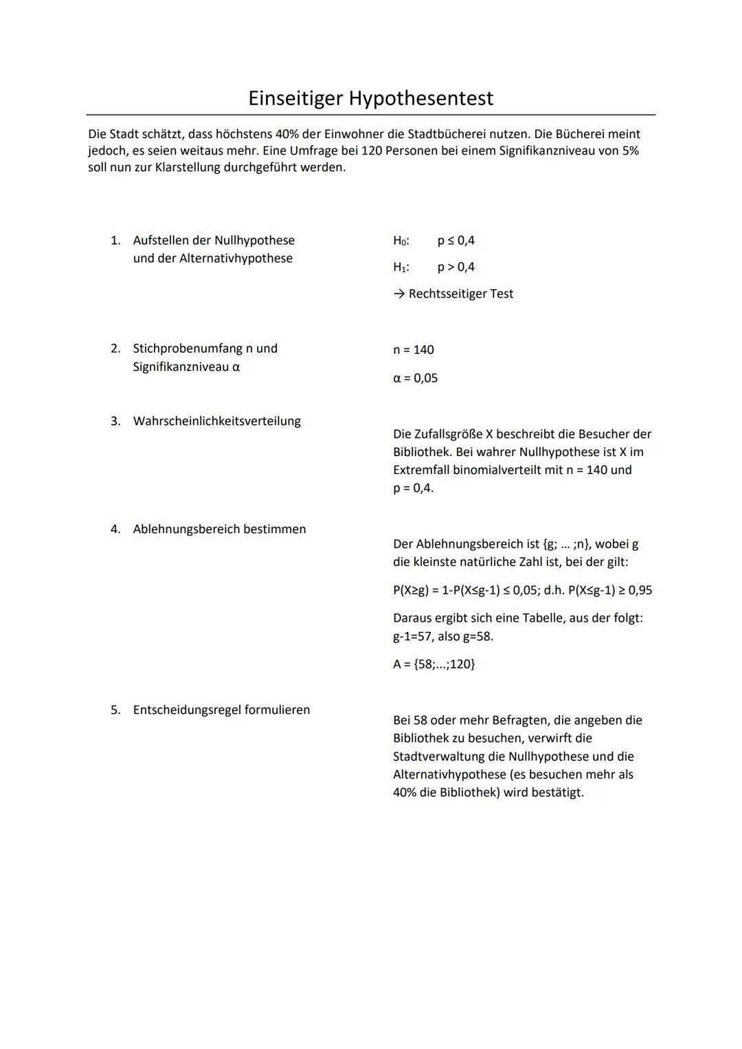 Einseitiger Hypothesentest
Die Stadt schätzt, dass höchstens 40% der Einwohner die Stadtbücherei nutzen. Die Bücherei meint
jedoch, es seien