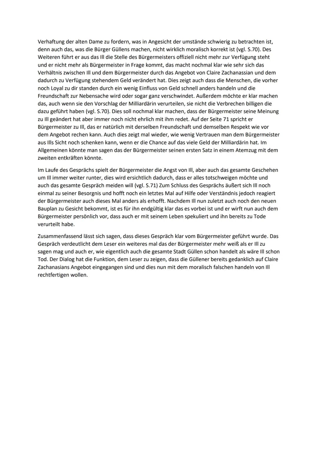 Dialoanalyse
Gespräch mit dem Bürgermeister (S.67-72)
Die Folgende Szene ist ein Auszug aus der tragischen Komödie ,,Der Besuch der alten Da