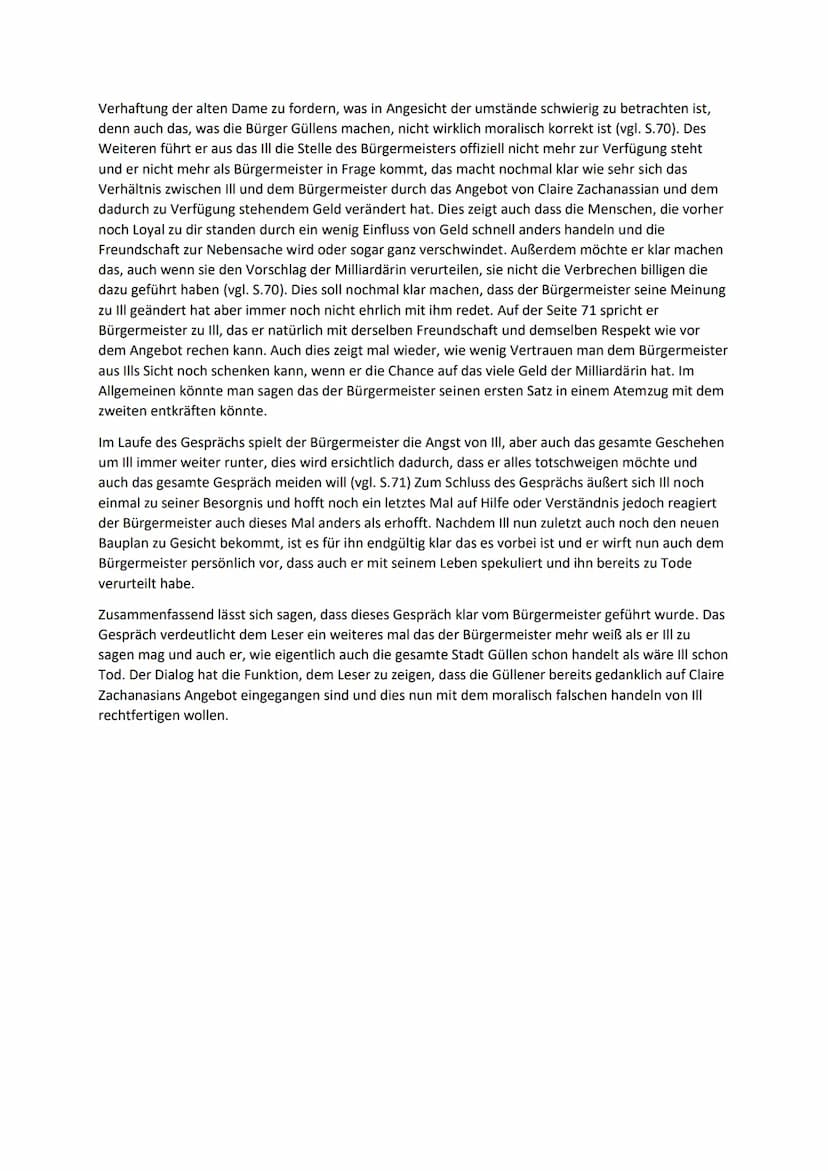Dialoanalyse
Gespräch mit dem Bürgermeister (S.67-72)
Die Folgende Szene ist ein Auszug aus der tragischen Komödie ,,Der Besuch der alten Da