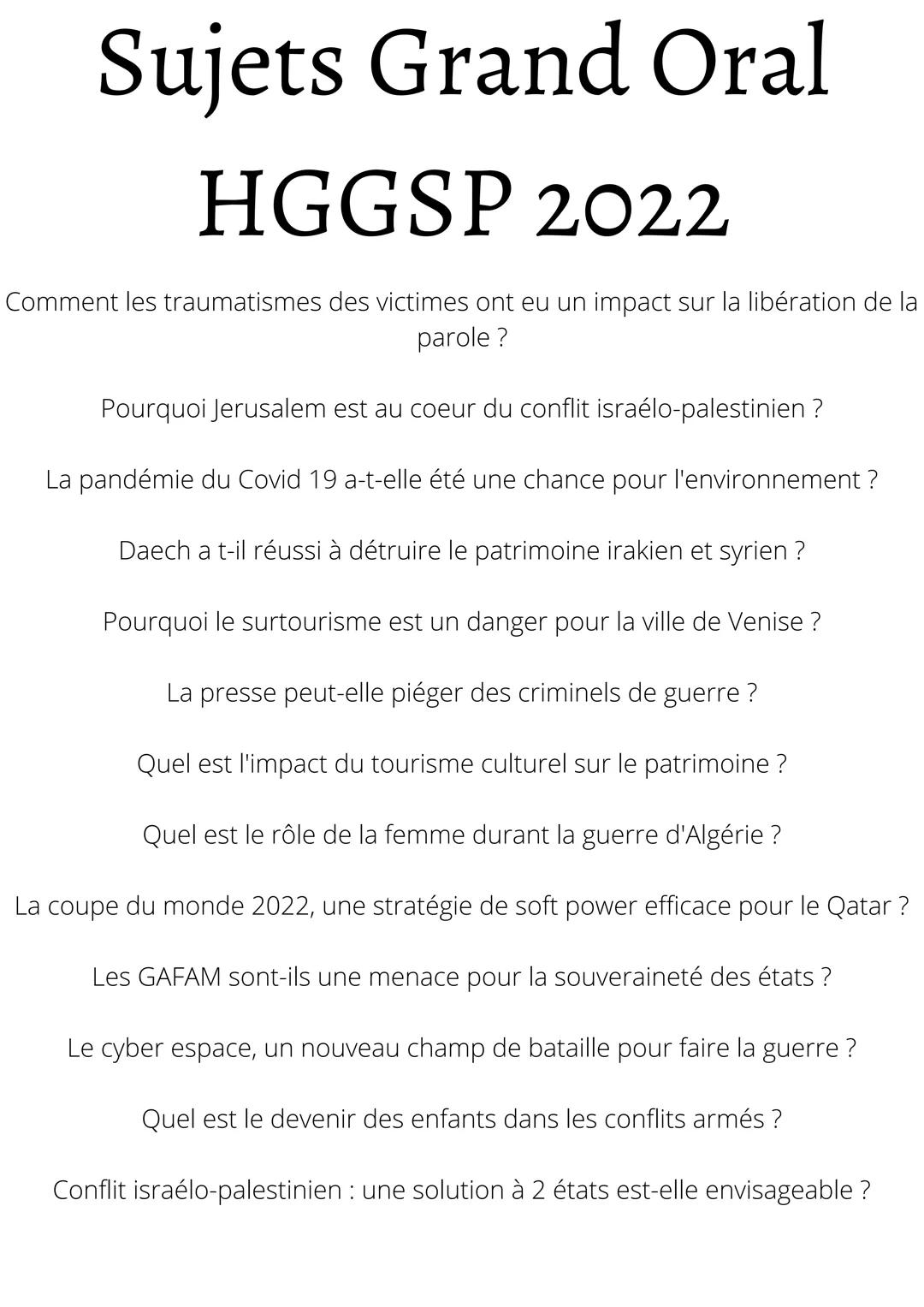 Sujets Grand Oral
HGGSP 2022
Comment les traumatismes des victimes ont eu un impact sur la libération de la
parole?
Pourquoi Jerusalem est a