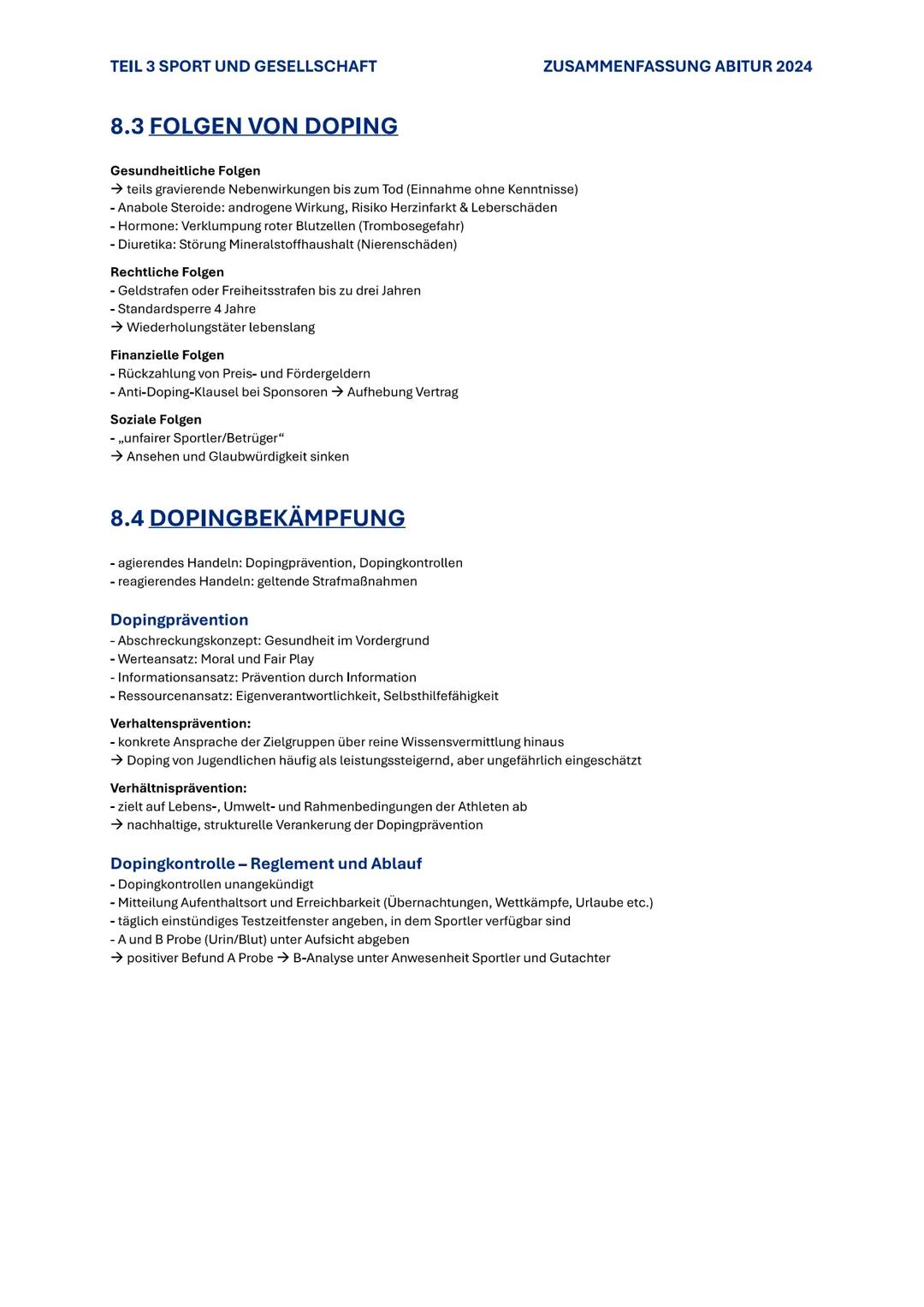 TEIL 3 SPORT UND GESELLSCHAFT
ZUSAMMENFASSUNG ABITUR 2024

# 8. SPORT UND DOPING

## 8.1 DEFINITION VON DOPING

- heute noch diskutiert
→ Fo