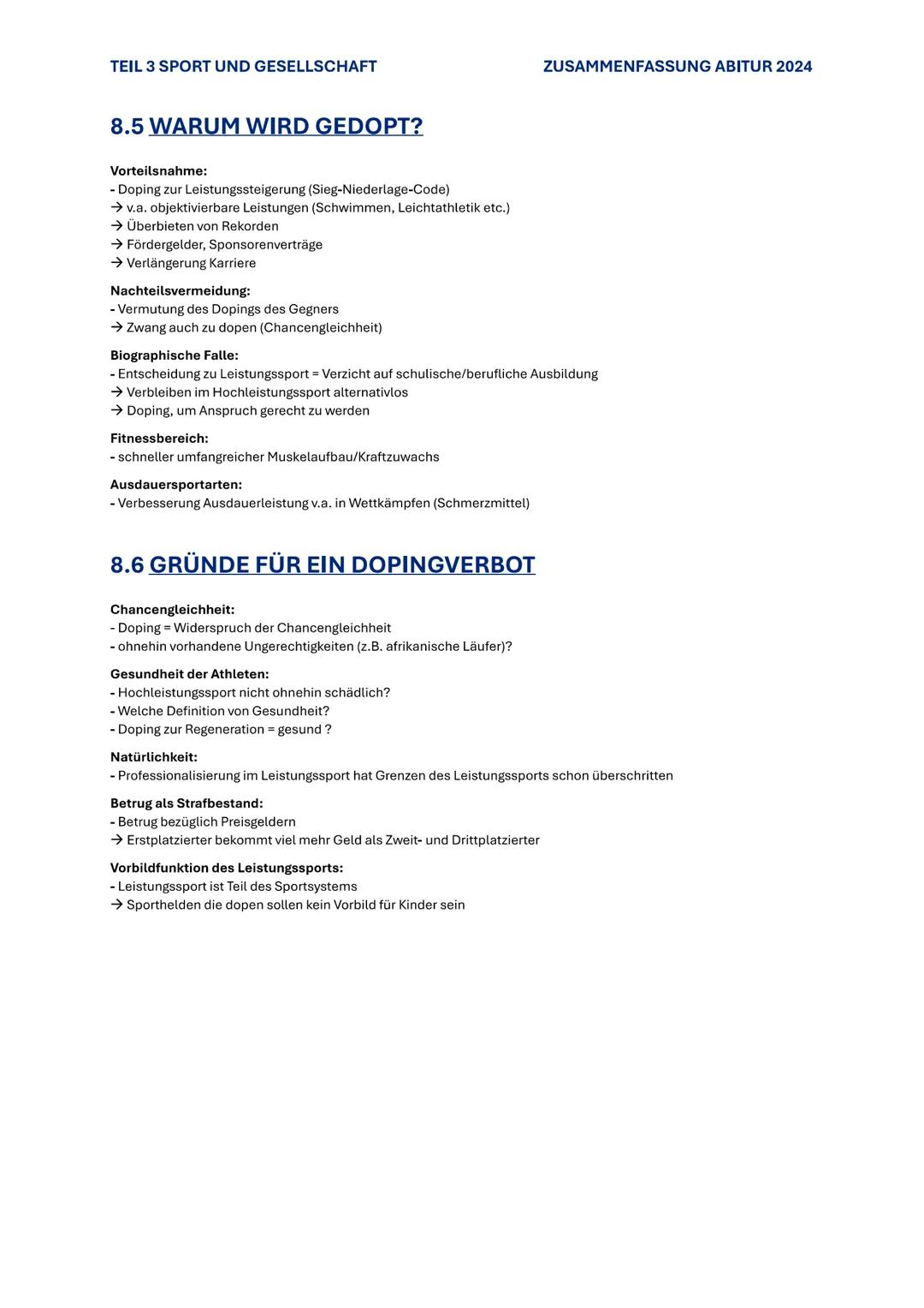 TEIL 3 SPORT UND GESELLSCHAFT
ZUSAMMENFASSUNG ABITUR 2024

# 8. SPORT UND DOPING

## 8.1 DEFINITION VON DOPING

- heute noch diskutiert
→ Fo