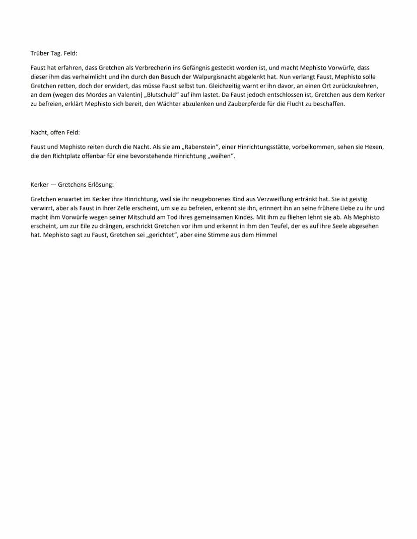 Kurzzusammenfassung:
Der Teufel Mephistopheles (kurz Mephisto) wettet mit Gott um die Seele des frustrierten Gelehrten Faust. Faust erklärt 
