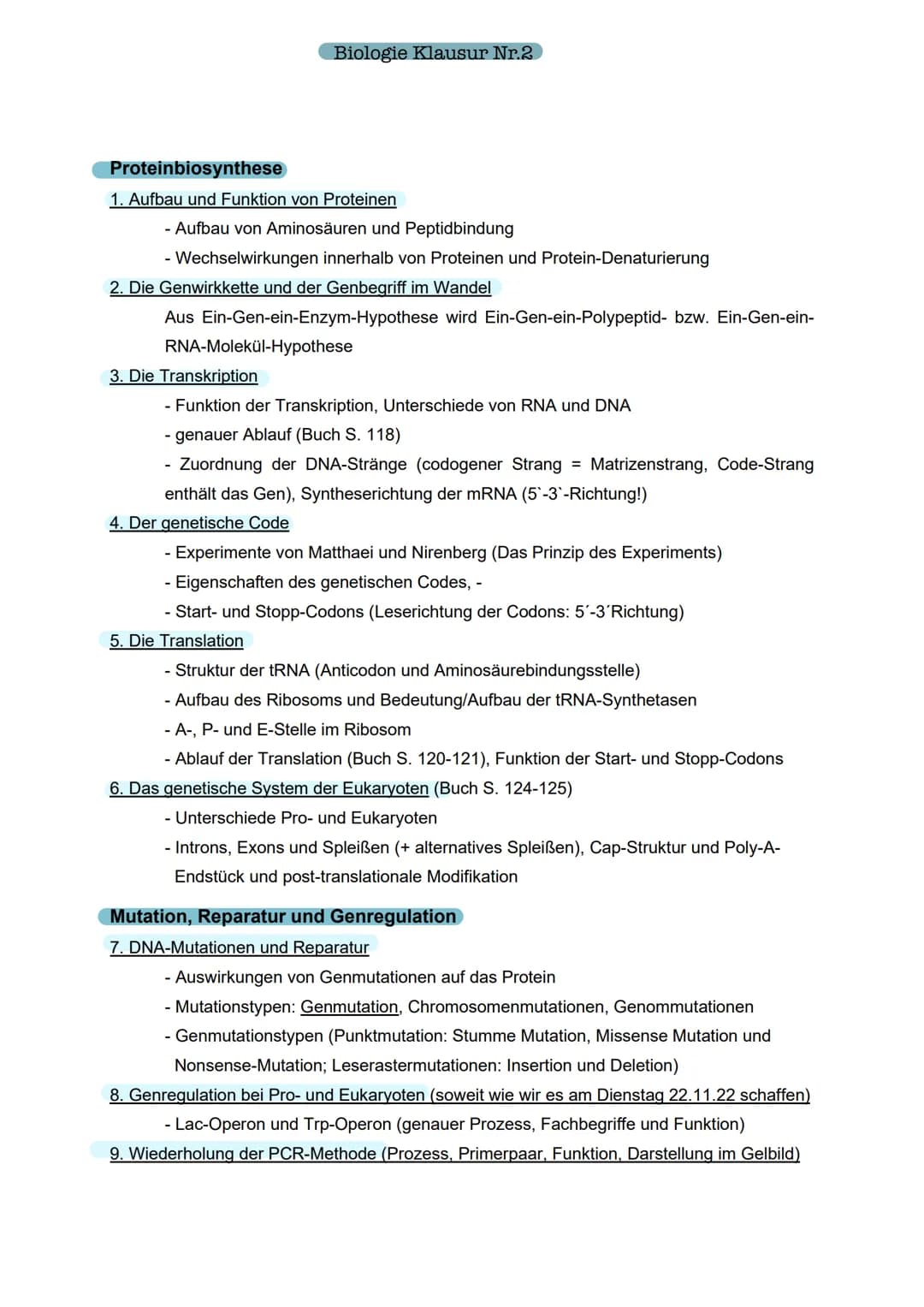 Proteinbiosynthese
1. Aufbau und Funktion von Proteinen
- Aufbau von Aminosäuren und Peptidbindung
Biologie Klausur Nr.2
- Wechselwirkungen 
